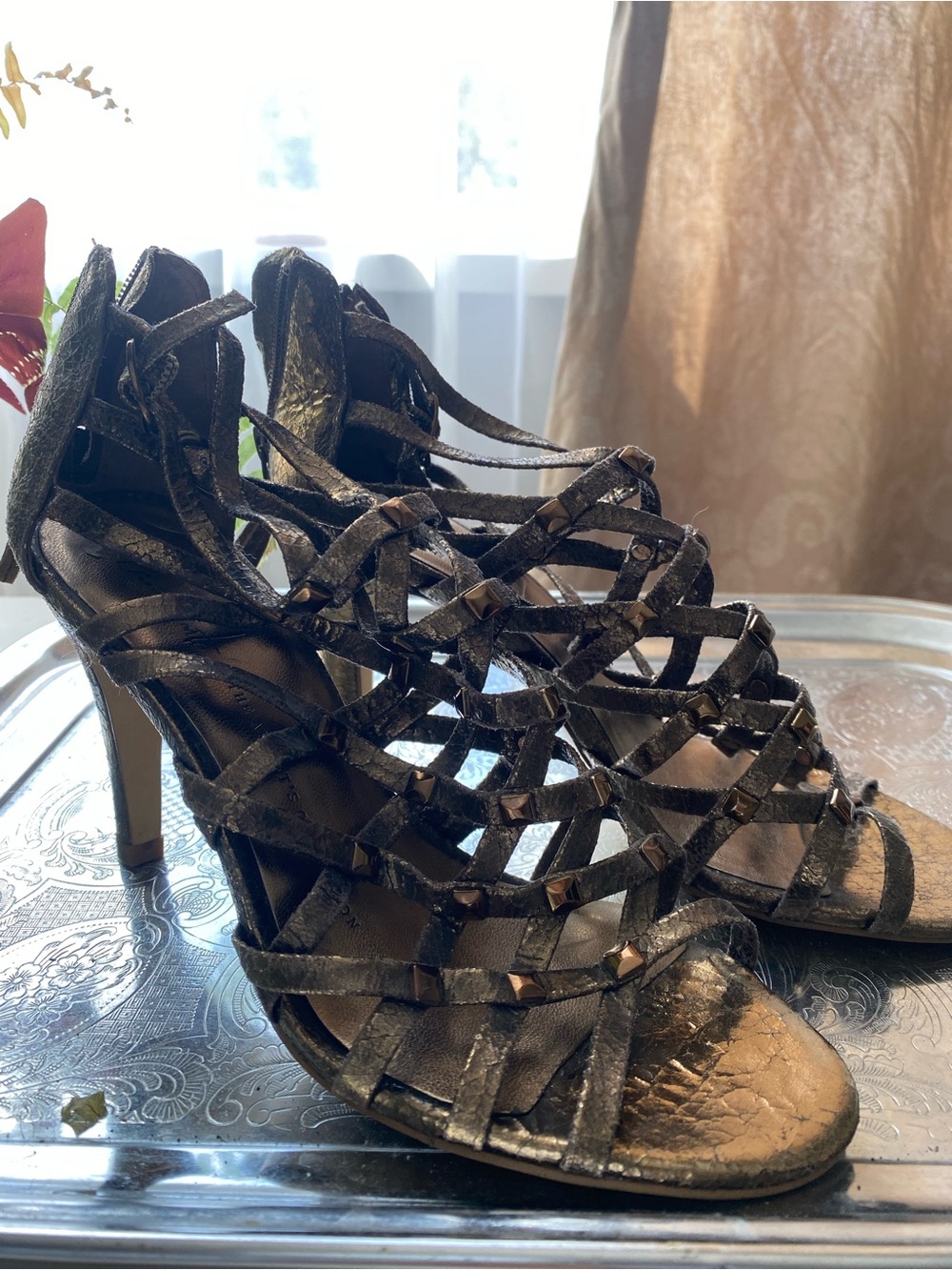 Franco Sarto Metallic Bronze Strappy Cage Heels